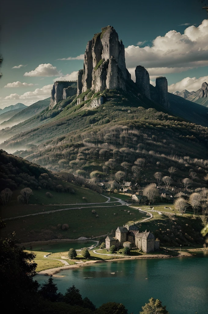 fantasy map, medieval cartography, seven villages, lush forests, towering mountains, vast oceans, intricate details, realistic medieval style, masterful draftsmanship, highly detailed, cinematic perspective, atmospheric lighting, rich color palette, dramatic shadows, exquisite textures, etched parchment, aged and weathered appearance, antique aesthetic, masterpiece