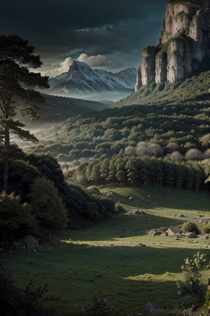fantasy map, medieval cartography, seven villages, lush forests, towering mountains, vast oceans, intricate details, realistic medieval style, masterful draftsmanship, highly detailed, cinematic perspective, atmospheric lighting, rich color palette, dramatic shadows, exquisite textures, etched parchment, aged and weathered appearance, antique aesthetic, masterpiece