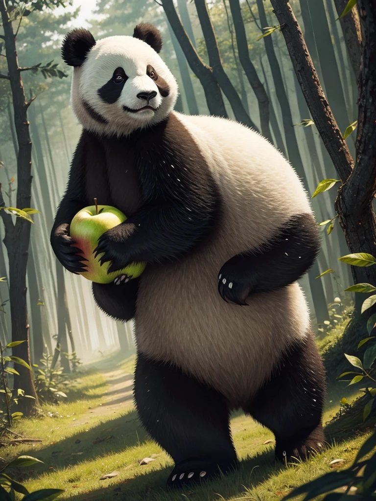 A panda carrying apples through the forest