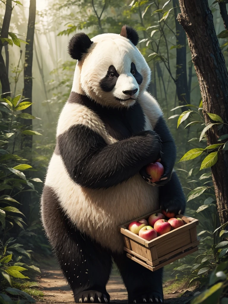 A panda carrying apples through the forest