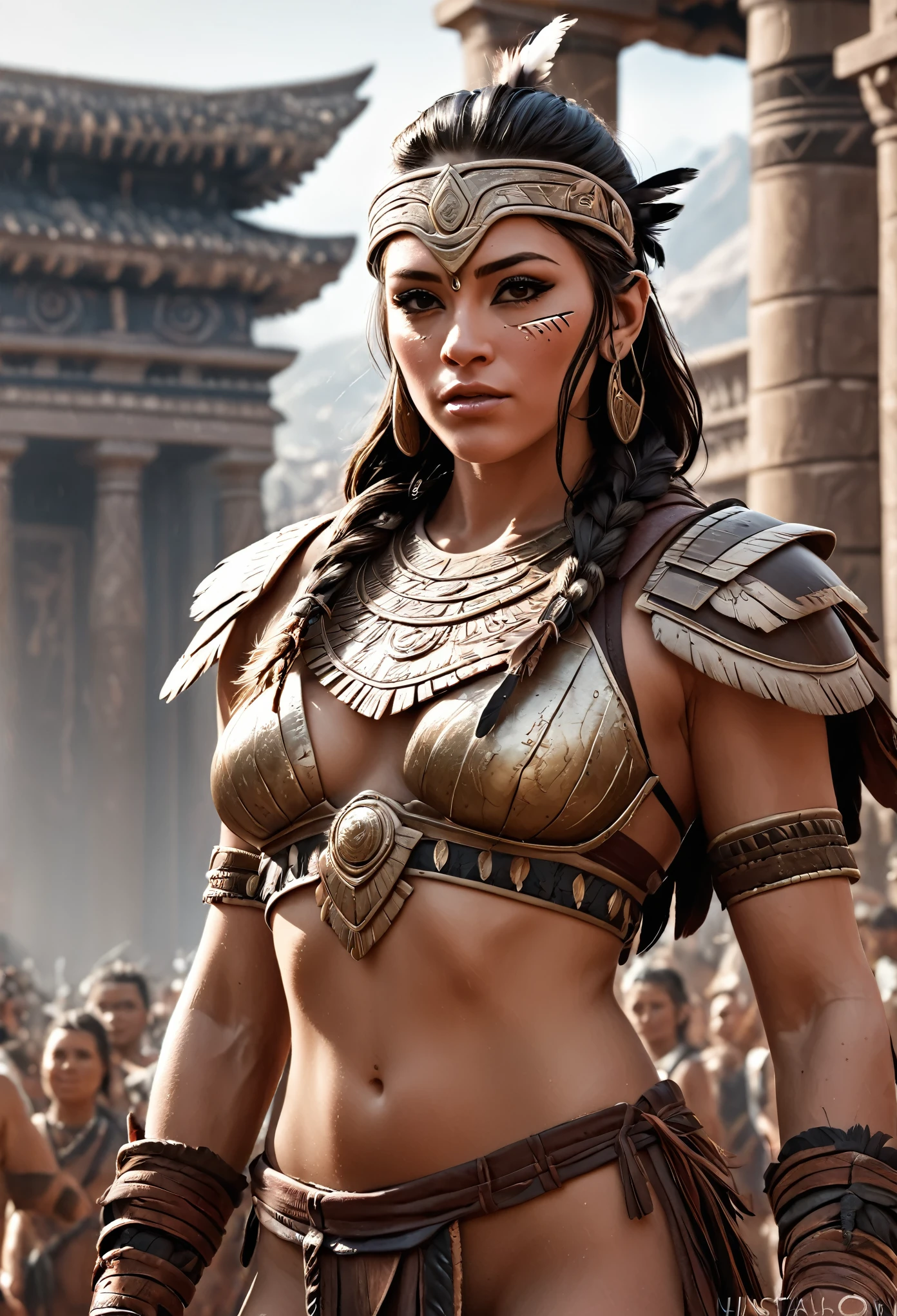 close up, photorealistic, (masterpiece:1.3), (best quality:1.3), beautiful, (intricate details), unity 8k wallpaper, ultra detailed, beautiful, aesthetic, perfect lighting, crowd around WestGark, very strong woman, (muscular:1.2), wearing leather plastron armor, wearing animal mask with feathers, wearing toga, hunting,  (aztec temple background:1.0),  (perfect hands:1.2),,