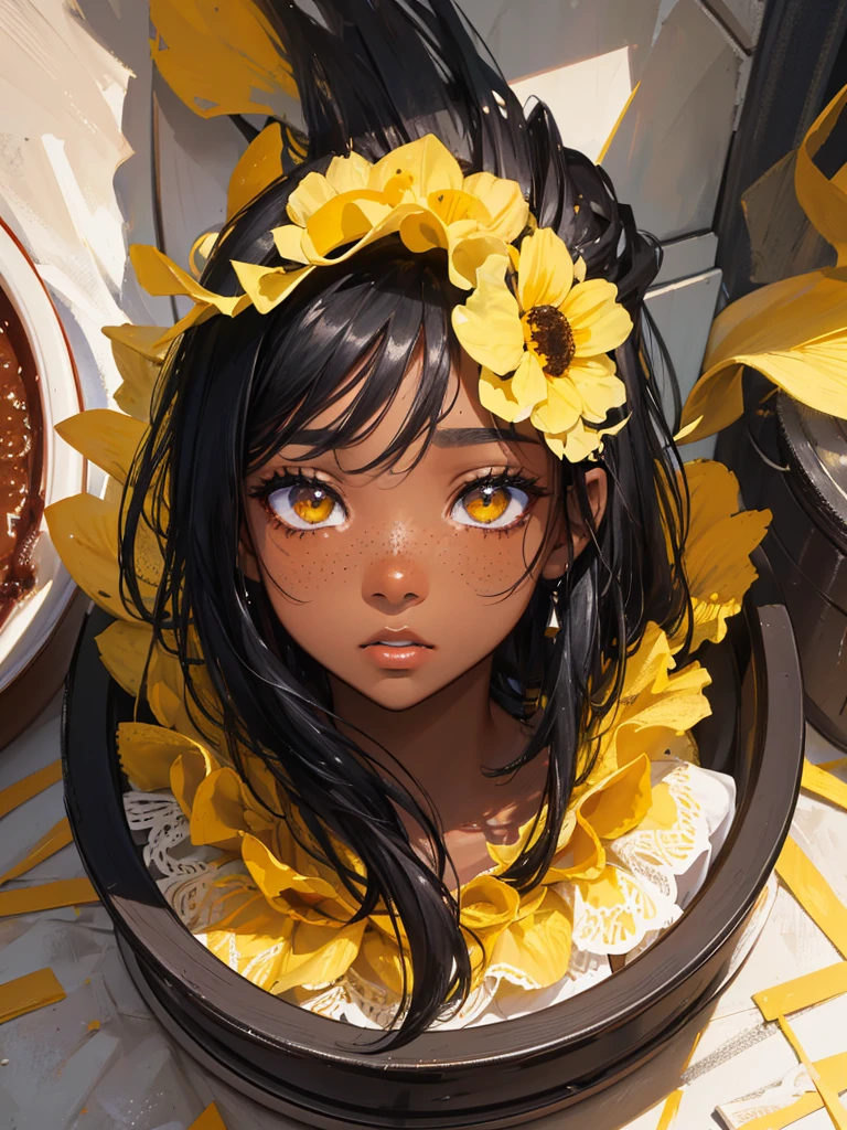 (masterpiece), best quality, expressive eyes, perfect face, (masterpiece), best quality, expressive eyes, perfect face. (absurdres, highres, ultra detailed), 1 girl black skin, plump lips, black skin, cute and delicate. extremely long black hair  hair, freckles on her face, her breasts are small, completely innocent face, she is wearing a e-girl style, yellow softy eyes. BLACK SKIN, WOMAN BLACK SKIN, ONLY BLACK SKIN allowed, DARK_SKIN, in the room. high quality, 8k, 4k, FULL BODY