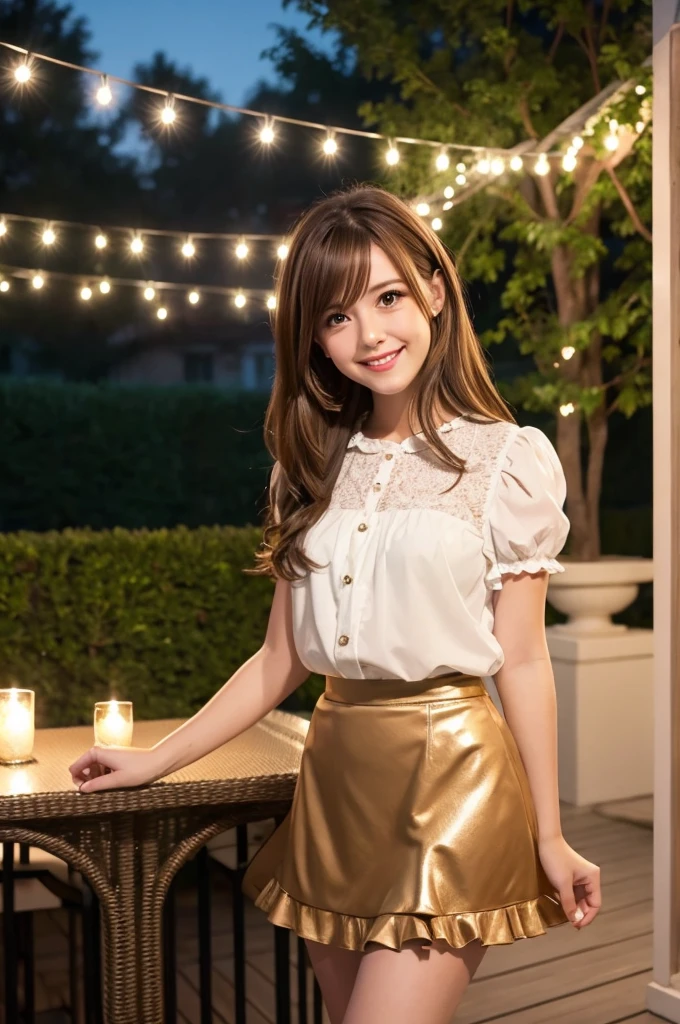 Frill Skirt, medium Hair,Shiny Hair,Brown Hair,Frill Skirt,Chuckle Smile,Outdoor Patio Lights