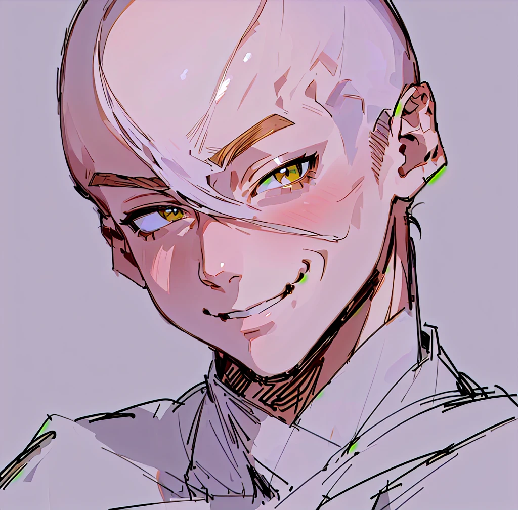 drawing of a bald man with a smile on his face, detailed anime soft face, portrait of pretty man, flat anime style shading, clean anime outlines, elegant smiling pose, ((wink smile expression)), face anime portrait, attractive, high detailed face anime, detailed anime face, dramatic smiling pose, seinen manga portrait, anime style portrait