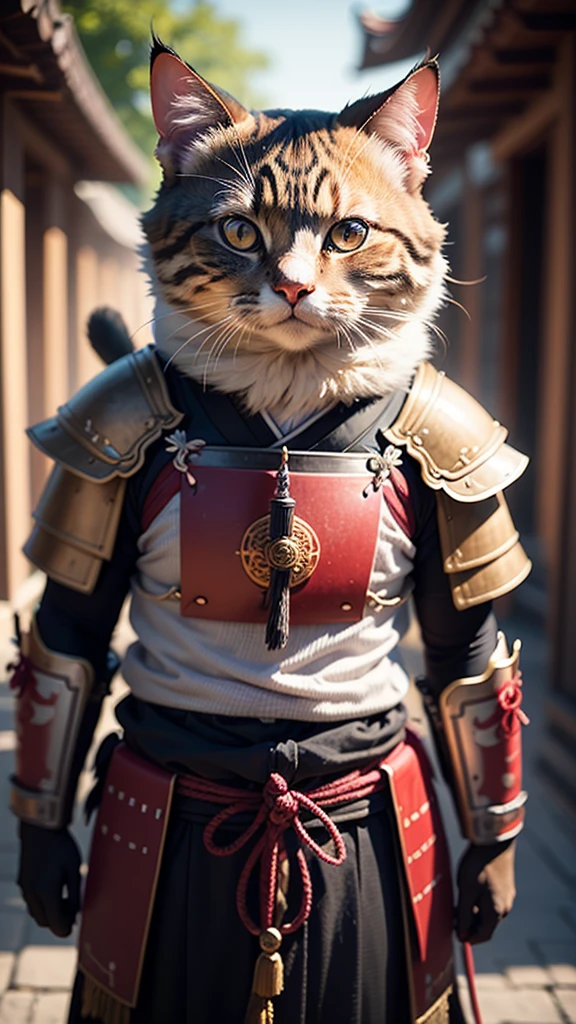 An ancient anthropomorphic cat samurai using an ancient samurai armor, photography, beautiful, bokeh temple background, colorful, masterpieces, top quality, best quality, official art, beautiful and aesthetic, realistic, cinematic light, (sharp focus:1.6), highly detailed, ultra realistic, 8k