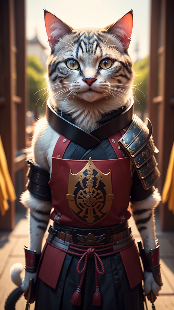 An ancient anthropomorphic cat samurai using an ancient samurai armor, photography, beautiful, bokeh temple background, colorful, masterpieces, top quality, best quality, official art, beautiful and aesthetic, realistic, cinematic light, (sharp focus:1.6), highly detailed, ultra realistic, 8k