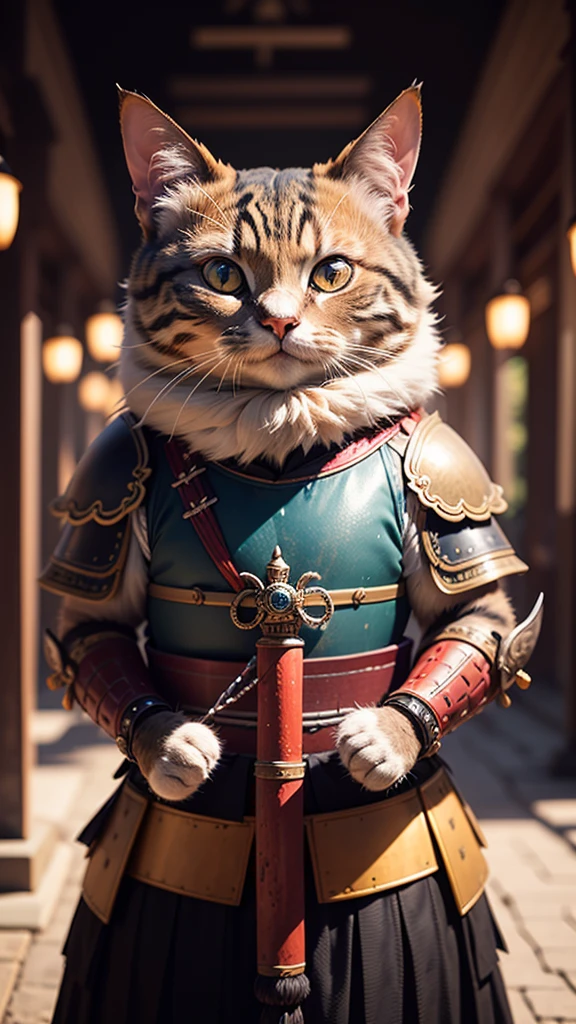 An ancient anthropomorphic cat samurai using an ancient samurai armor, photography, beautiful, bokeh temple background, colorful, masterpieces, top quality, best quality, official art, beautiful and aesthetic, realistic, cinematic light, (sharp focus:1.6), highly detailed, ultra realistic, 8k