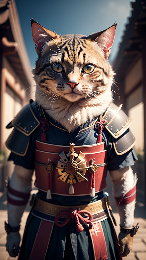 An ancient anthropomorphic cat samurai using an ancient samurai armor, photography, beautiful, bokeh temple background, colorful, masterpieces, top quality, best quality, official art, beautiful and aesthetic, realistic, cinematic light, (sharp focus:1.6), highly detailed, ultra realistic, 8k
