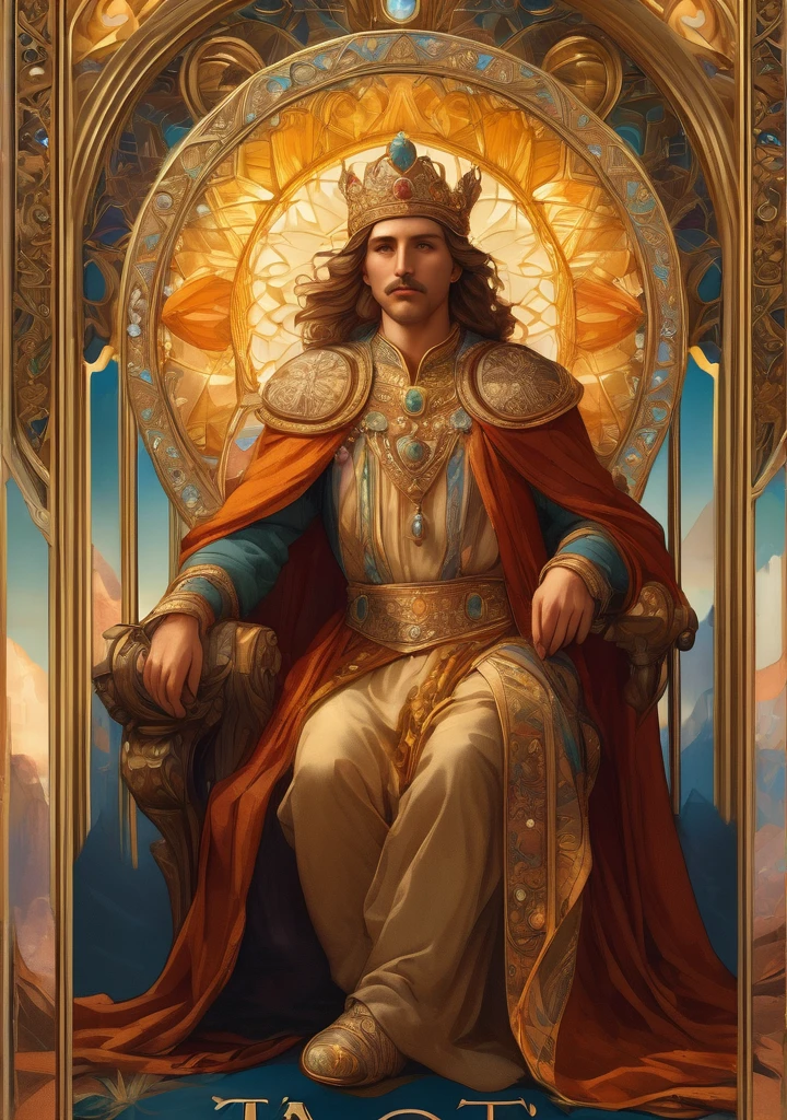 cinematic, intricate, detailed tarot card, 1 king, regal attire, ornate golden frame, precious gems, alphonse mucha style, fantasy, elegant, atmospheric, dramatic lighting, photorealistic, 8k, high resolution, best quality