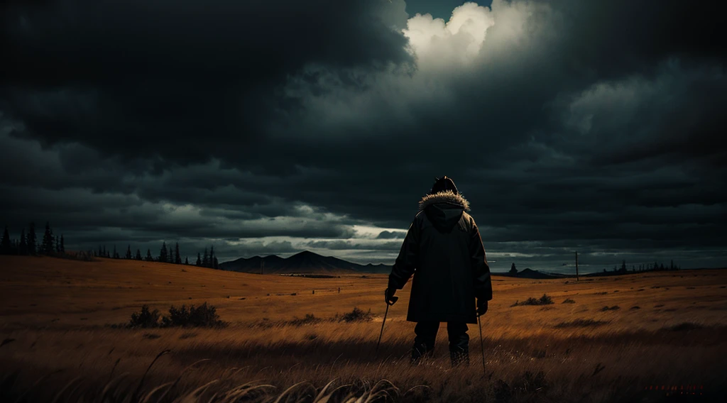 black art, horror artwork, tundra, short brown grass, dark sky, dark art