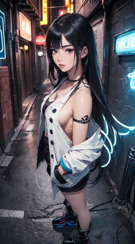 (((8k wallpaper of extremely detailed CG unit:1.2, masterpiece, hight resolution:1.2, top-quality:1.2, masutepiece))), ((a very beautiful woman, Hands in pockets:1.8, Street fashion:1.2, wearing a colorful jacket:1.2, Wearing boots)), ((extra detailed face, Highly detailed black eyes, extra detailed body, Top quality real texture skins)), (blue straight hair:1.2, de pele branca, Small, exposed shoulder), ((Empty alley, Mileland. natta, Neon Street)), (high-angle, a closeup, Fisheye), hyper realisitic, digitial painting,
