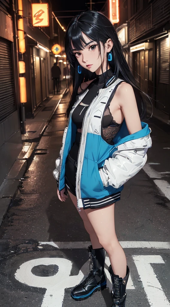 (((8k wallpaper of extremely detailed CG unit:1.2, ​masterpiece, hight resolution:1.2, top-quality:1.2, masutepiece))), ((a very beautiful woman, Hands in pockets:1.8, Street fashion:1.2, wearing a colorful jacket:1.2, Wearing boots)), ((extra detailed face, Highly detailed black eyes, extra detailed body, Top quality real texture skins)), (blue straight hair:1.2, de pele branca, Small, exposed shoulder), ((Empty alley, Mileland. natta, Neon Street)), (high-angle, a closeup, Fisheye), hyper realisitic, digitial painting,