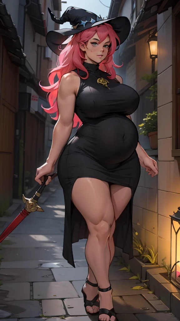older woman in her 30s, with pink hair and a tall, curvy body, breasts big, in this, (work of art, best qualityer:1.2) wearing the legendary great black dress of the mystical sorceress, Big witch hat, pregnant, standing alone, alone, pink massive hair