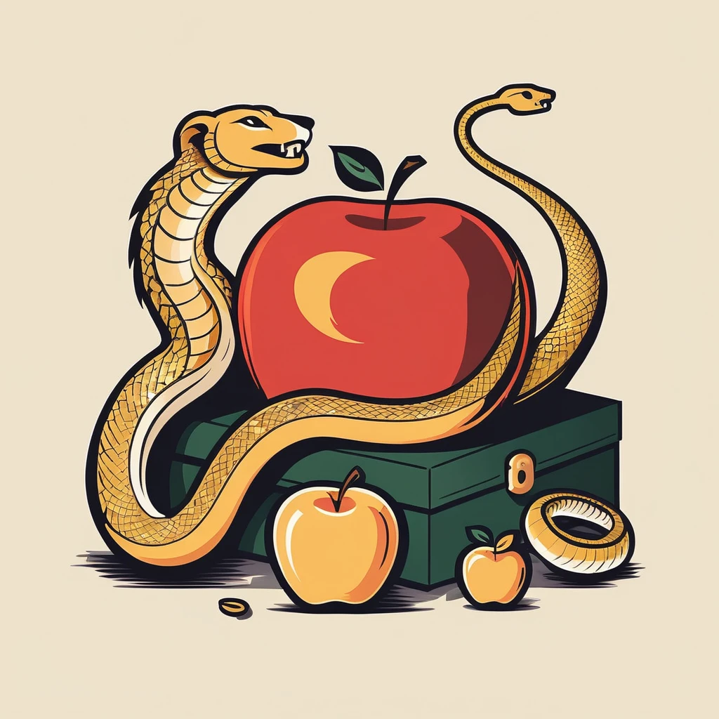 A bag of gold, A bitten apple with a snake wrapped around it, Du vin, A flame, a bed, Un lion