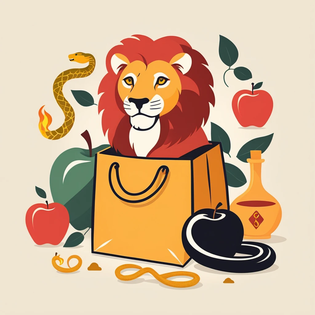 A bag of gold, A bitten apple with a snake wrapped around it, Du vin, A flame, a bed, Un lion