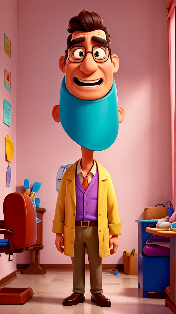 A quirky cartoon doctor with exaggerated features, talking to a worried patient in a colorful examination room,