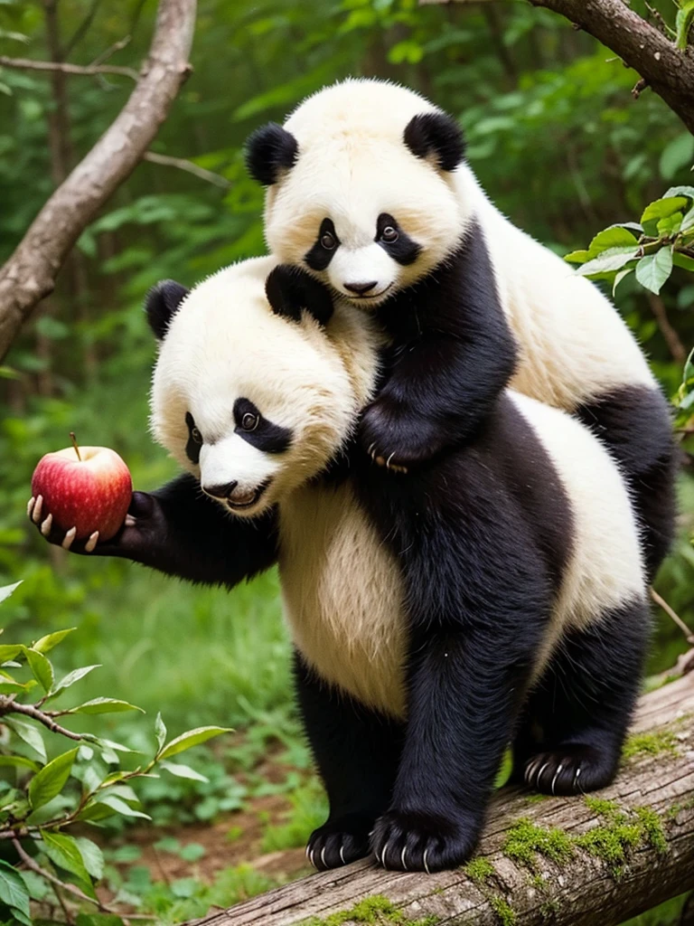 A panda carrying apples through the forest