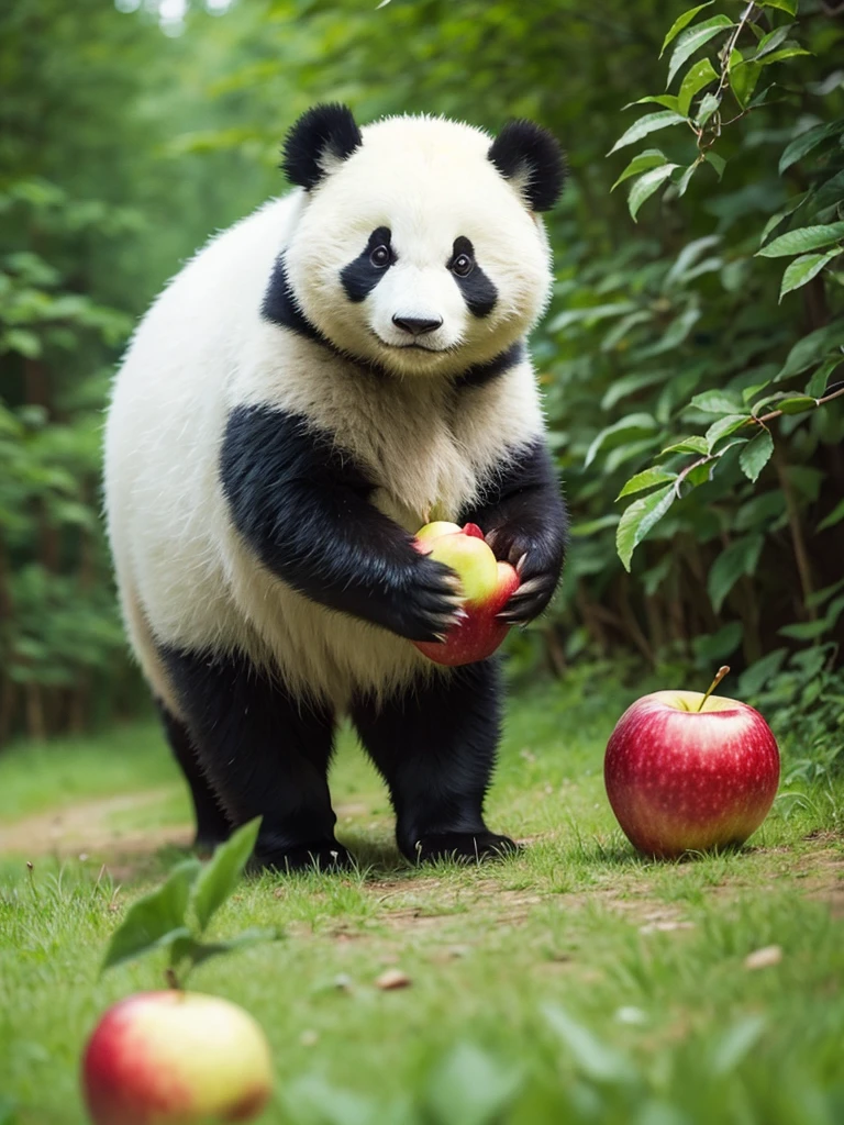 A panda carrying apples through the forest