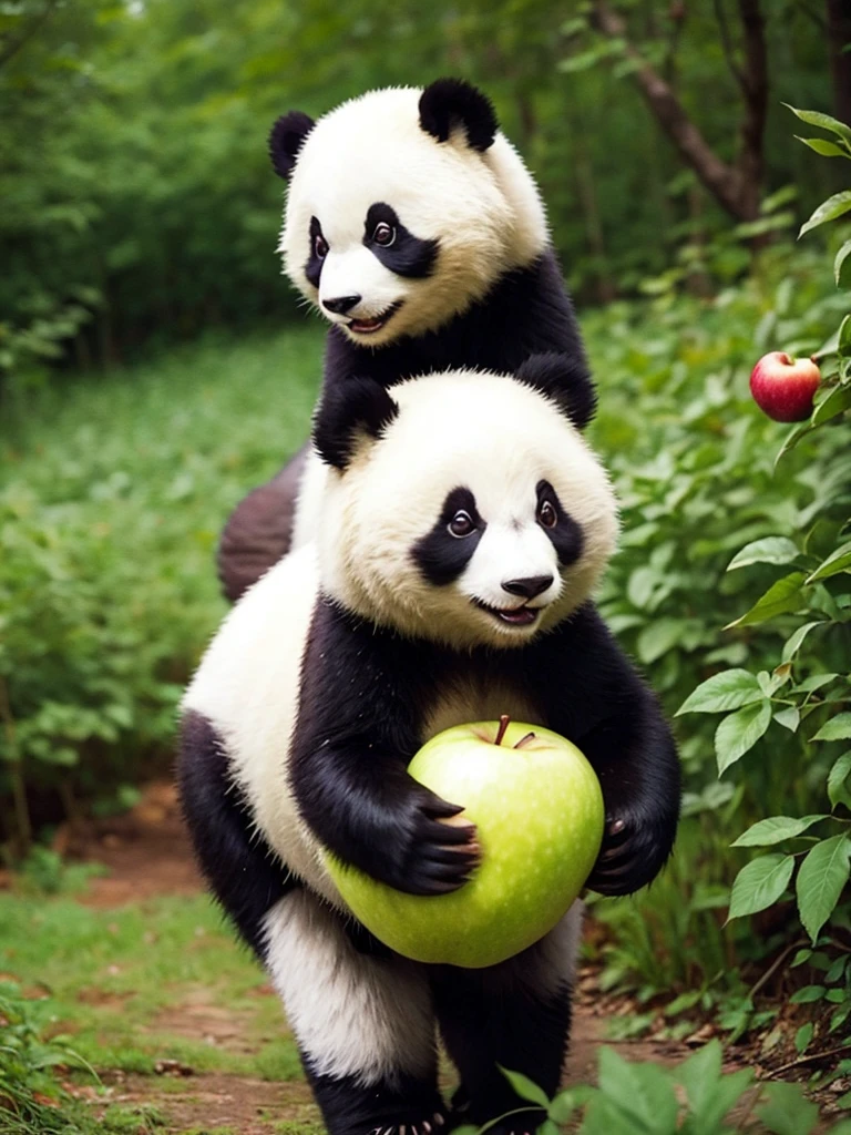 A panda carrying apples through the forest