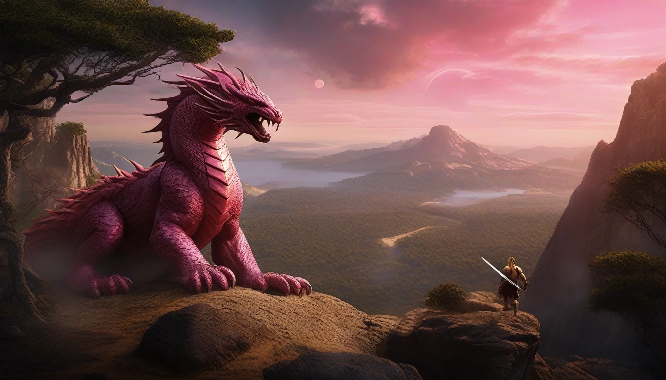 ((photorealism hyperrealism photorealism)) and cinematographic photorealistic create a highly detailed and dynamic scene depicting a colossal serpent approximately ten meters tall, composed of stones and rocks, with dozens of menacing arms and legs protruding along its massive body. The serpent has a terrifying face resembling a hideous witch. The serpent is in the midst of a fierce battle with a barbarian. The barbarian is dressed in the style of Conan the Barbarian, but with unique features: long pink hair and a pink beard, and the facial features of actor Chris Hemsworth. The barbarian wields a sword and appears minuscule in comparison to the monstrous serpent, akin to a person standing before a skyscraper. The scene is set atop a mountain, providing a panoramic view of a dense forest below, with only the treetops visible. In the distance, near the horizon, a beach can be seen. The sky is vividly pink, creating an alien planet atmosphere, with a giant moon prominently visible. Emphasize the dynamic action and intense motion in the battle between the serpent and the barbarian, capturing the energy in hyper-detailed, realistic style renderings, 8k, detailed eyes, perfect eyes, epic, dramatic, fantastic, full body, intricate design and details, dramatic lighting, hyperrealism, photorealistic, cinematic, 8k, 12k, detailed face , dramatic photo, epic photo, cinematic photo + photo taken by Canon + Incredibly detailed, sharp details by 8HQ, Neoprene, Behance contest winner, ultra sharp focus, masterpiece of complex art, sinister, epic, TanvirTamim, trending on Artstation by Artgerm, H. R. Giger and Beksinski, highly detailed design and details, vibrant and complex lighting, dramatic, hyperrealism, photorealistic, cinematic, 8k, 12k, detailed face, dramatic photo, epic photo, cinematic photo + photo taken by canon + incredibly detailed Detailed and Sharp in 8HQ, Neoprene, Competition Winner, Ultra Sharp Focus, Complex, Sinister and Epic Masterpiece of Art,