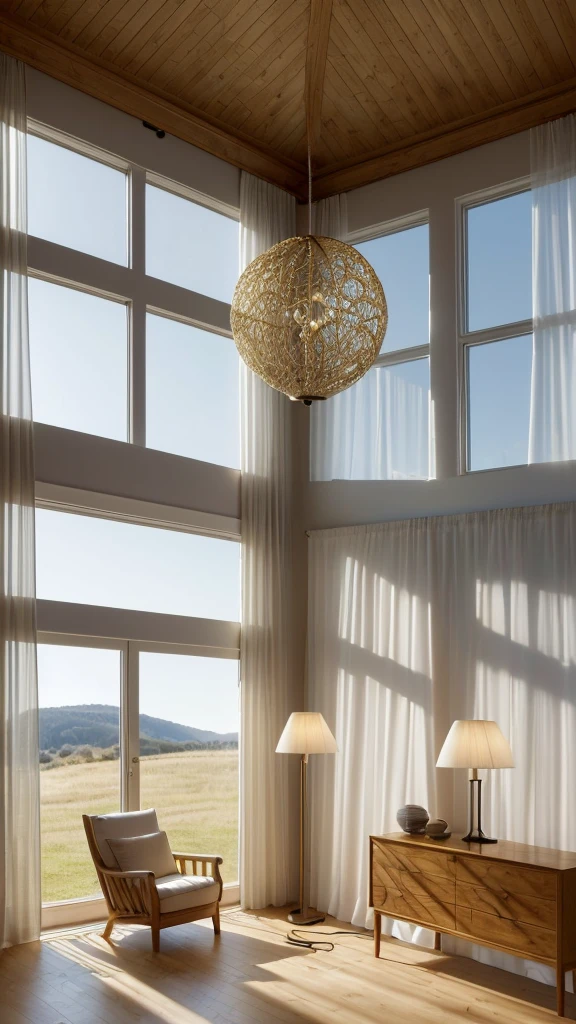 (Masterpiece), (photorealistic:1.5), (of the highest quality:1.4, 8k, ultra high resolution, Professional lighting, Perfect dynamic composition, film grain, sophisticated, Surreal, high detail, golden ratio, impressive view of a country villa;((external view)) contemporary style, contemporary materiality, with various brightly colored furniture, very polished and shiny dark wood carpentry, Excellent lighting, contemporary lamps, natural lighting 11a.m.; through large windows with white curtains blowing in the wind, at dawn with few clouds in the background and surrounded by many trees