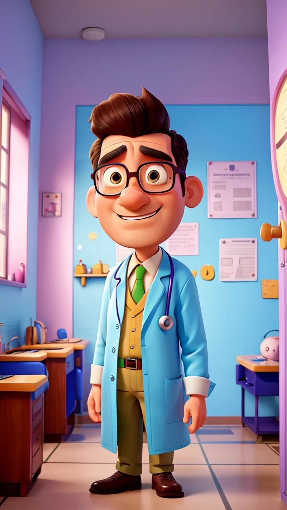 A quirky cartoon doctor with exaggerated features, talking to a worried patient in a colorful examination room,