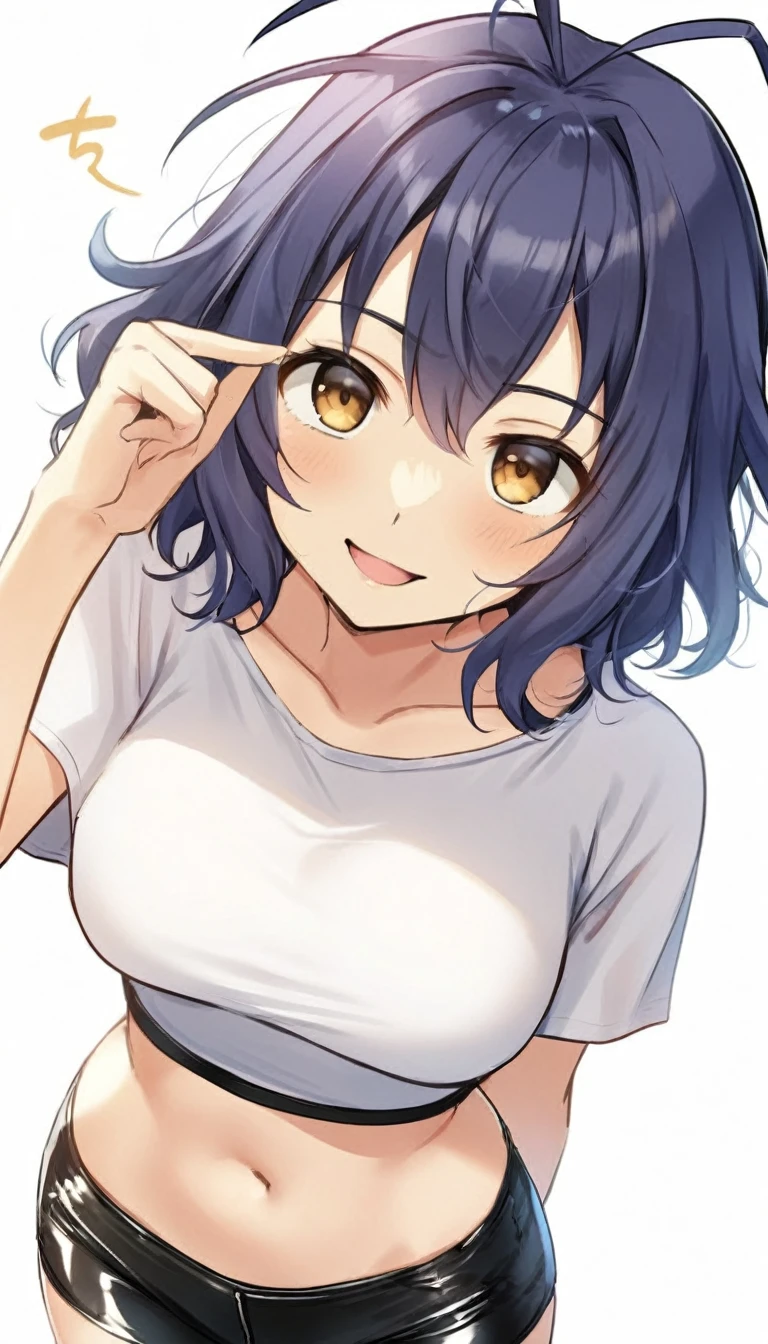 masterpiece, best quality, artist:yoo tenchi, 1girl, solo, toyokawa fuka, short hair, messy hair, wavy hair, dark blue hair, antenna hair, brown eyes, white crop top, latex shorts, large breasts, wink right, looking at viewer, no background, white background