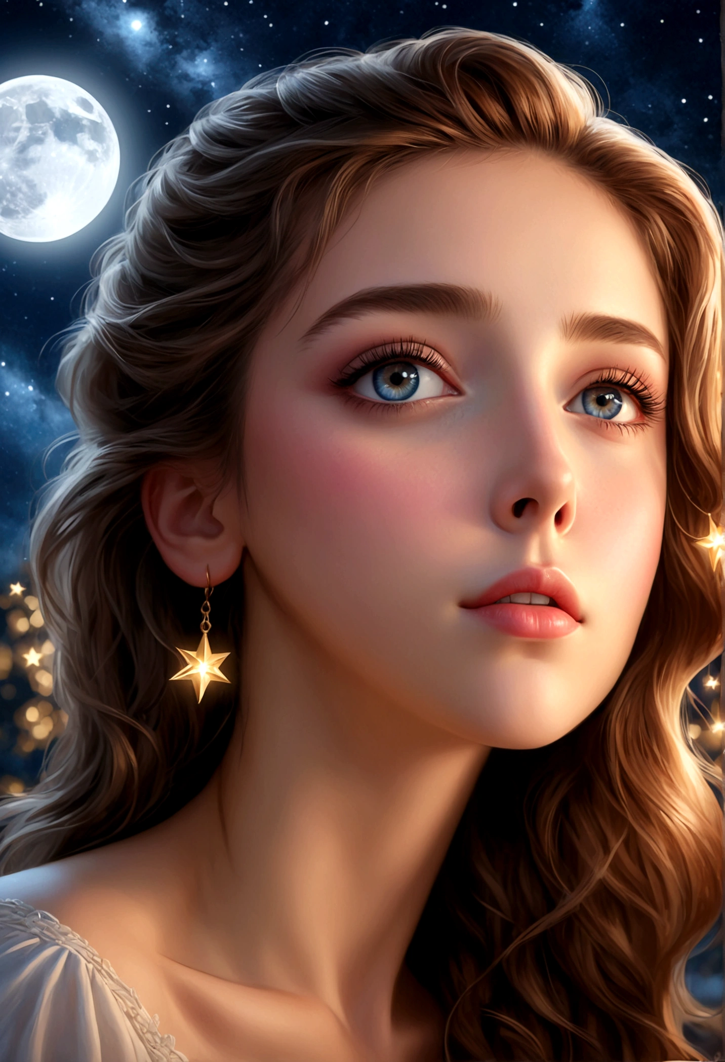 a  gazing up at the night sky, beautiful detailed eyes, beautiful detailed lips, extremely detailed eyes and face, long eyelashes, 1girl, oil painting, starry night, full moon, glowing stars, sparkling night sky, detailed celestial objects, ultra-detailed, (best quality,4k,8k,highres,masterpiece:1.2),ultra-detailed,(realistic,photorealistic,photo-realistic:1.37),HDR,UHD,studio lighting,ultra-fine painting,sharp focus,physically-based rendering,extreme detail description,professional,vivid colors,bokeh,fantasy,whimsical,dreamlike,warm color tones