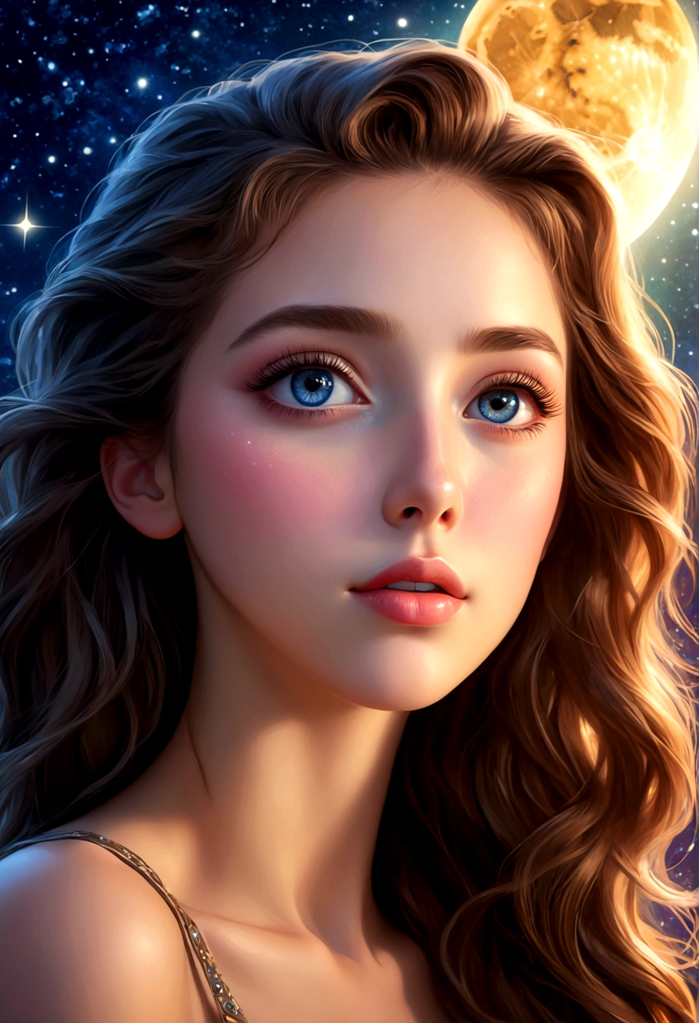 a gazing up at the night sky, beautiful detailed eyes, beautiful detailed lips, extremely detailed eyes and face, long eyelashes, 1girl, oil painting, starry night, full moon, glowing stars, sparkling night sky, detailed celestial objects, ultra-detailed, (best quality,4k,8k,highres,masterpiece:1.2),ultra-detailed,(realistic,photorealistic,photo-realistic:1.37),HDR,UHD,studio lighting,ultra-fine painting,sharp focus,physically-based rendering,extreme detail description,professional,vivid colors,bokeh,fantasy,whimsical,dreamlike,warm color tones