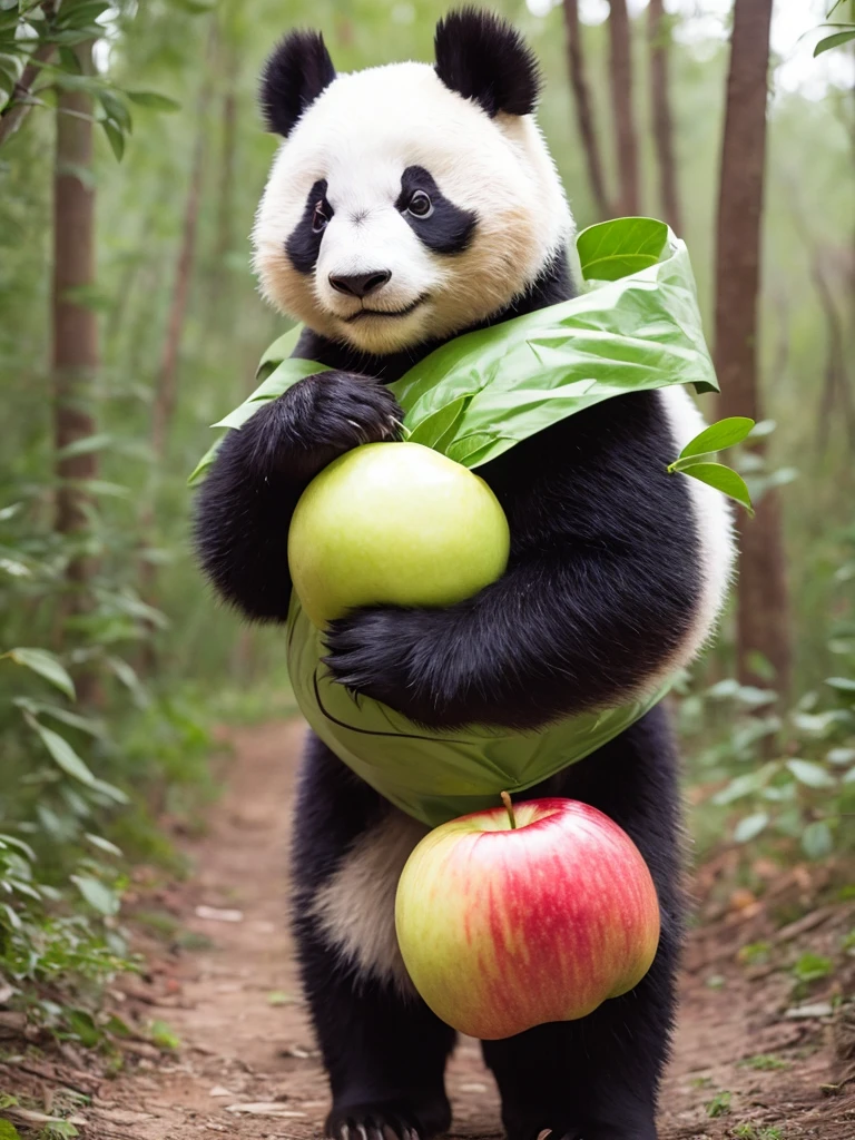 A panda carrying apples through the forest