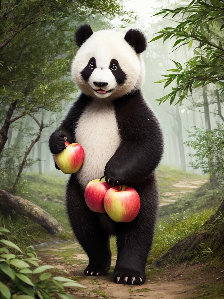 A panda carrying apples through the forest