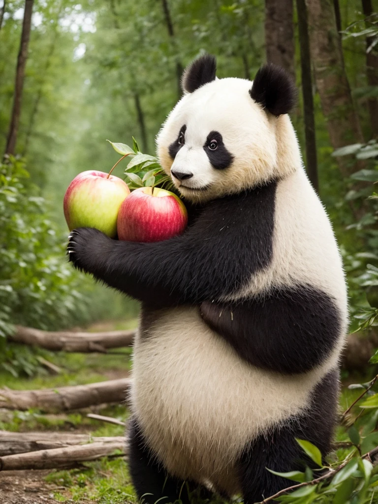 A panda carrying apples through the forest