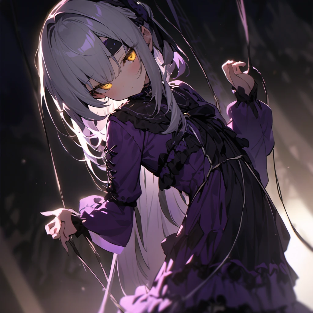Top quality, masterpiece, doll girl, suspended by threads, ball jointed, 眩い光が闇を照らす,silver hair, golden eyes, gothic lolita, purple dress, headband, contrast of light and darkness