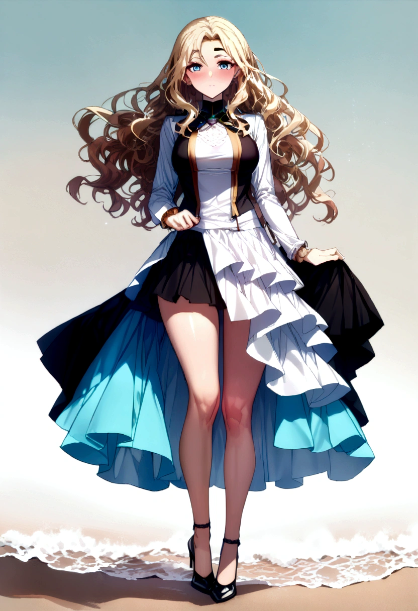 ung attractive woman in top and skirt, in the beach, Head to toe, Full body with legs and high heels, bright colors, natural light, Specialist, (keen focus: 1.3), high detailed, detailed skin structure, pores, Beautiful, detailed face, light blue eyes, detailed brows, long blonde slightly wavy hair, (attractive young woman: 1.3), (seductive: 1.1), (Blush: 1.1), Hourglass body shape,