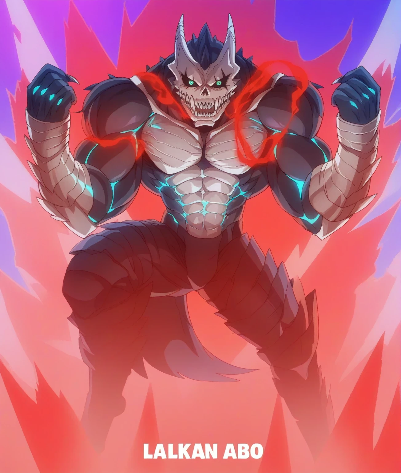 score_9,score_8_up, score_7_up, source_anime, BREAK
outdoors,
kafkakaiju, 1boy, solo,glowing, glowing eyes, horns, sharp teeth, armor, aqua eyes, muscular male, looking at viewer, neon trim, black sclera, standing, claws, spikes, black body,
anime screencap, anime coloring, official art, muscular, lobo, the second, large pectorals, venous muscles, Huge muscles, flexing