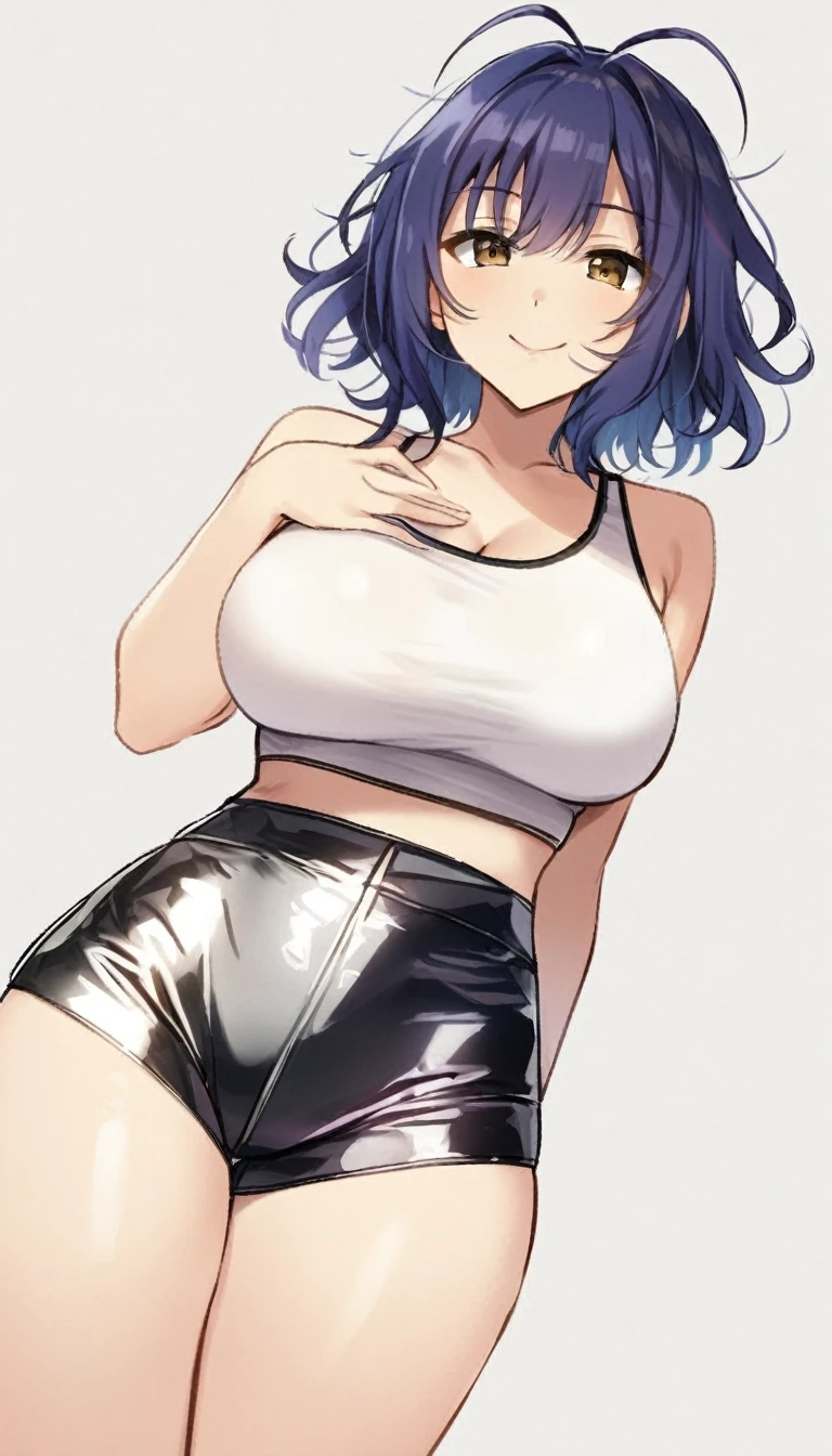 masterpiece, best quality, artist:yoo tenchi, 1girl, solo, toyokawa fuka, short hair, messy hair, wavy hair, dark blue hair, antenna hair, brown eyes, white crop top, latex shorts, large breasts, wink right, looking at viewer, no background, white background