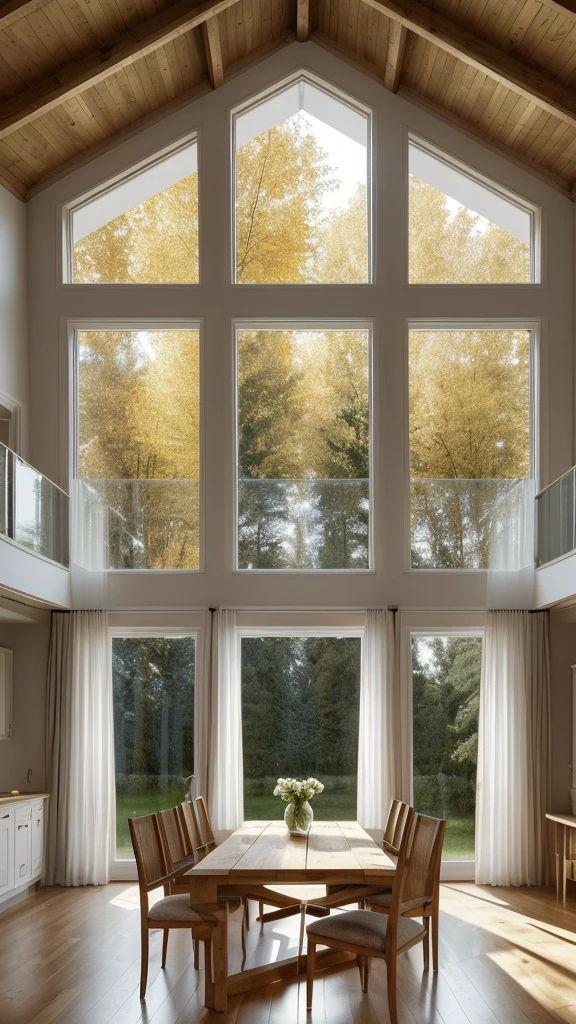 "a country house, view from the street" (Masterpiece), (photorealistic:1.5), (of the highest quality:1.4, 8k, ultra high resolution, Professional lighting, Perfect dynamic composition, film grain, sophisticated, Surreal, high detail, golden ratio, impressive view of a country villa; contemporary style, contemporary materiality, with various brightly colored furniture, very polished and shiny dark wood carpentry, Excellent lighting, contemporary lamps, natural lighting 11a.m.; through large windows with white curtains blowing in the wind, at dawn with few clouds in the background and surrounded by many trees