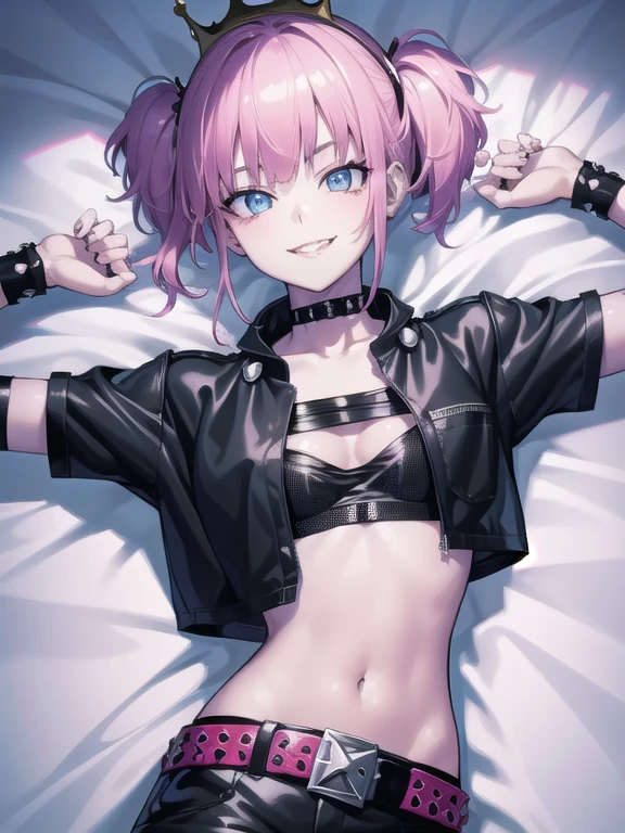 masterpiece, best quality, highres, 1girl, choker crown open jacket short sleeves shorts midriff studded belt fishnets chain gloves bracelet lying on back, arms up, bed sheet, smile