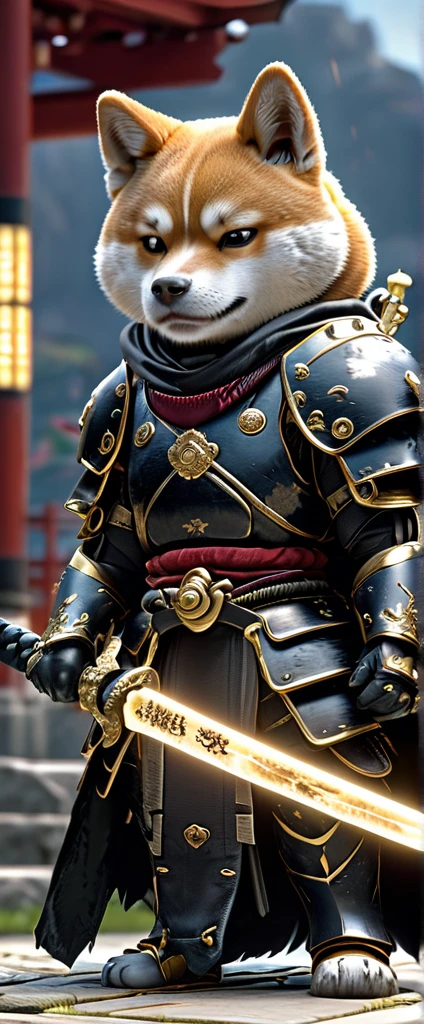 Shiba Inu Samurai,whole body, He has a Japanese sword charged with lightning., Wearing black armor and hakama haori, Japanese temple background, High resolution, masterpiece, Highest quality, Very detailed, Very detailed, Ultra-realistic,
 Japan style, 3D Fluffy, Cute and adorable close-ups, Cute big round reflective eyes, Long fuzzy fur, Pixar Rendering, unreal engine Cinematic smooth, Exquisite detail, Cinematic