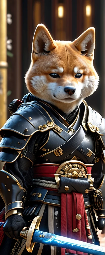 Shiba Inu Samurai,whole body, He has a Japanese sword charged with lightning., Wearing black armor and hakama haori, Japanese temple background, High resolution, masterpiece, Highest quality, Very detailed, Very detailed, Ultra-realistic,
 Japan style, 3D Fluffy, Cute and adorable close-ups, Cute big round reflective eyes, Long fuzzy fur, Pixar Rendering, unreal engine Cinematic smooth, Exquisite detail, Cinematic