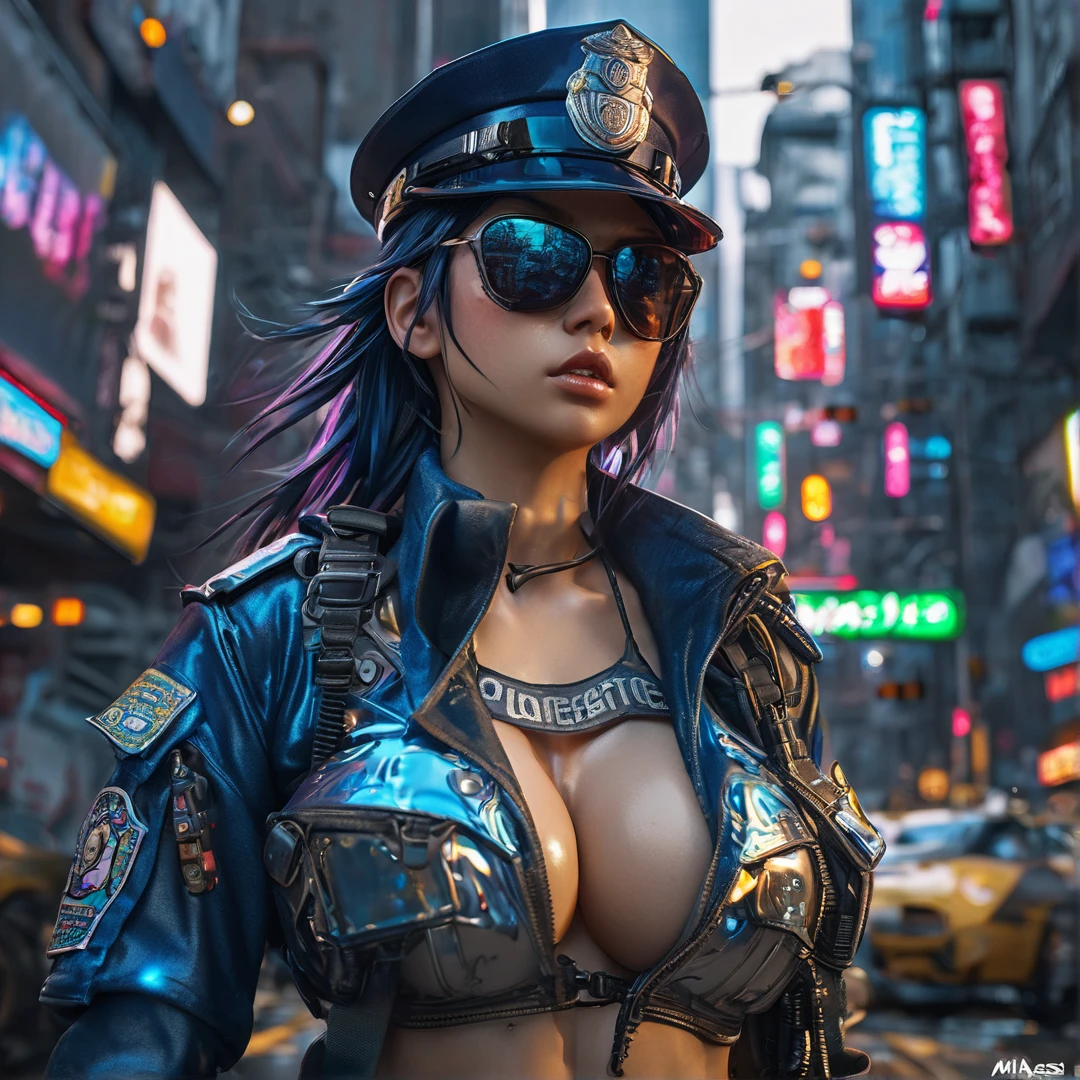 Heavy metal police girl, post-apocalyptic city, insanely detailed real shiny skin, masterpiece body quality, real color, erotic and sensual, d cup, big chest, sunglasses, 8k resolution🔥, Miki Asai Macro photography, close-up, hyper detailed, trending on artstation, sharp focus, studio photo, intricate details, highly detailed, cinematic by zack snider