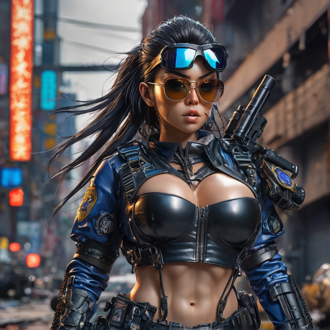 Heavy metal police girl, post-apocalyptic city, insanely detailed real shiny skin, masterpiece body quality, real color, erotic and sensual, d cup, big chest, sunglasses, 8k resolution🔥, Miki Asai Macro photography, close-up, hyper detailed, trending on artstation, sharp focus, studio photo, intricate details, highly detailed, cinematic by zack snider