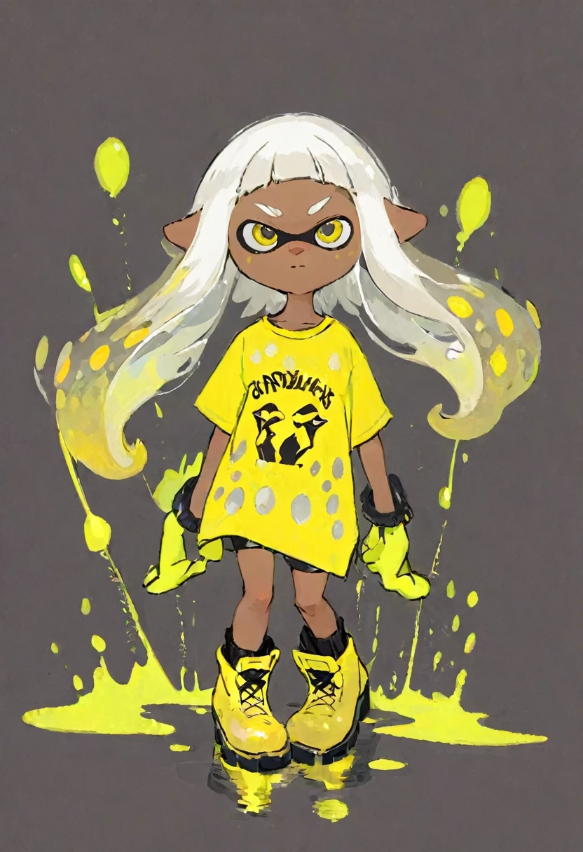 A dark-skinned Inkling with long white hair and yellow spots. She is wearing a yellow tee and black boots.