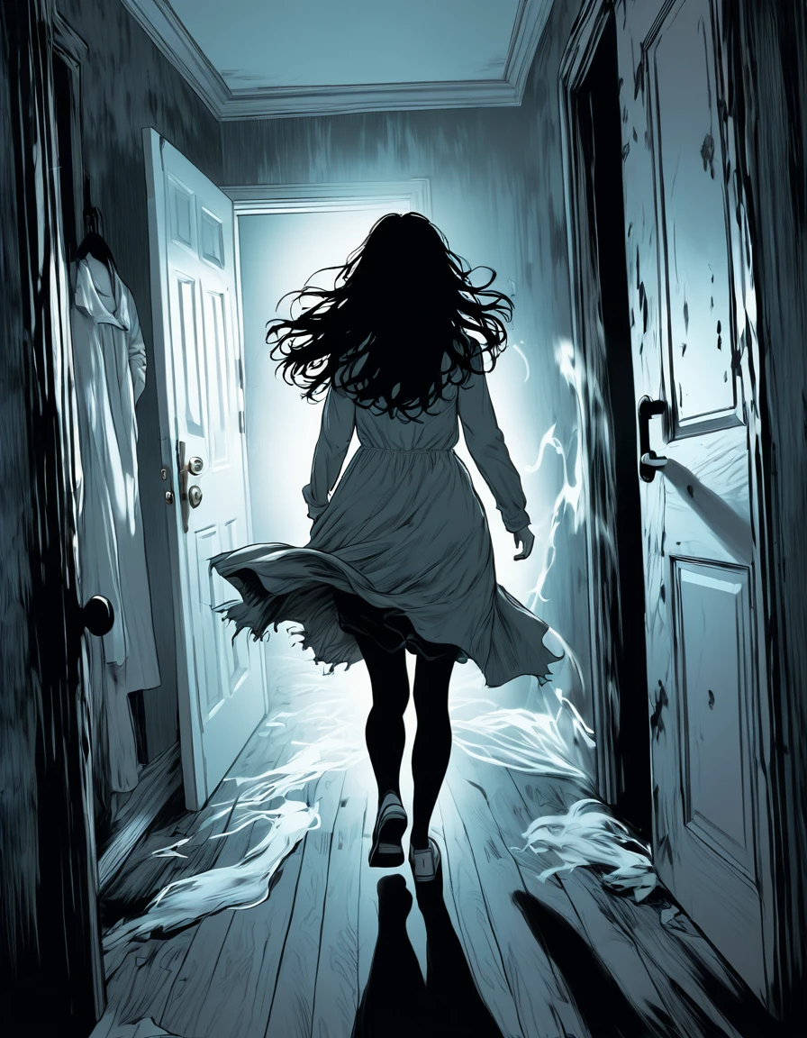 Rear view of a female figure looking at a ghostly with messy black hair and blank eyes, the standing motionless in the bedroom, the young woman running away in panic, the bedroom door closing behind her.
