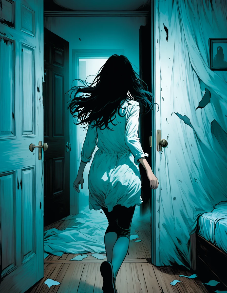 Rear view of a female figure looking at a ghostly with messy black hair and blank eyes, the standing motionless in the bedroom, the young woman running away in panic, the bedroom door closing behind her.