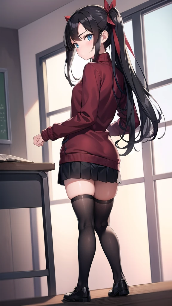 rintohsaka, rin tohsaka kyockcho, aqua eyes, (black hair:1.5), hair ribbon, long hair, ribbon, sidelocks, two side up, (parted bangs:1.5),
BREAK black skirt, black thighhighs, long sleeves, miniskirt, pleated skirt, (red sweater:1.5), skirt, sweater, thighhighs, turtleneck,
BREAK indoors, classroom,school,desk,tables,
BREAK looking at viewer,
BREAK (masterpiece:1.2), best quality, high resolution, unity 8k wallpaper, (illustration:0.8), (beautiful detailed eyes:1.6), extremely detailed face, perfect lighting, extremely detailed CG, (perfect hands, perfect anatomy),standing, from behind,back view photo,full body, shows panties,upskirt,sexy panties,wet panties,