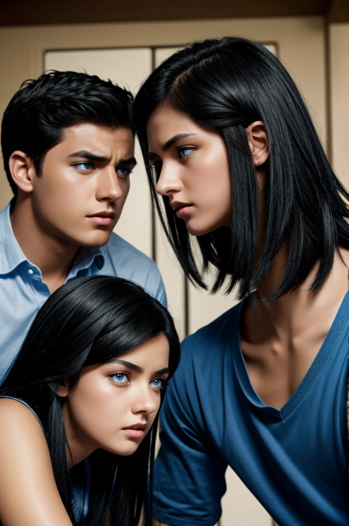 A girl with black hair and blue eyes, arguing with a boy with black hair and dark eyes