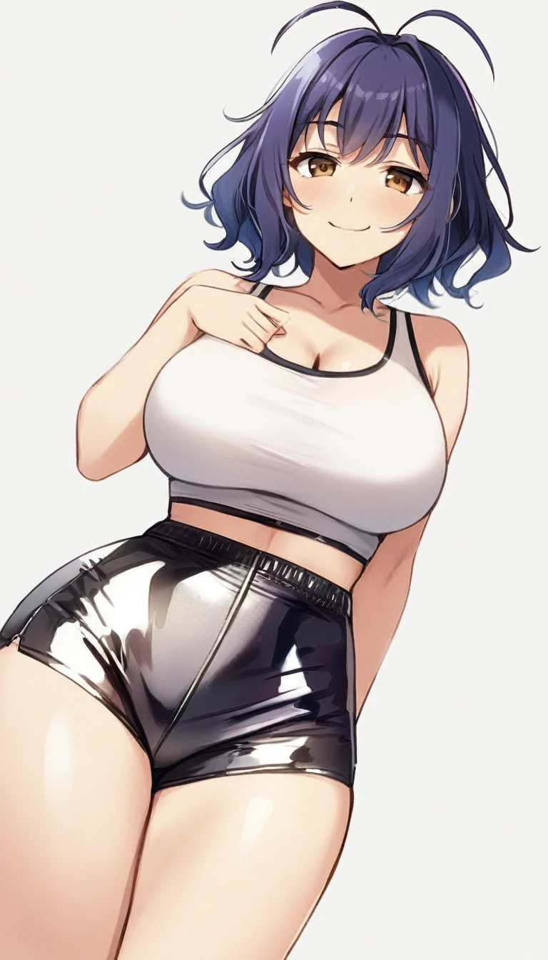 masterpiece, best quality, artist:yoo tenchi, 1girl, solo, toyokawa fuka, short hair, messy hair, wavy hair, dark blue hair, antenna hair, brown eyes, white crop top, latex shorts, large breasts, wink right, looking at viewer, no background, white background