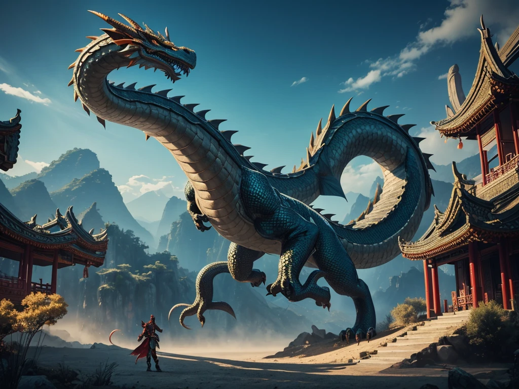 4K, ultraquality, chinese Dragon, very Long body, dragón of earth, skin of earth, mitological creature, tribal, chinese fantasy land background, full body.