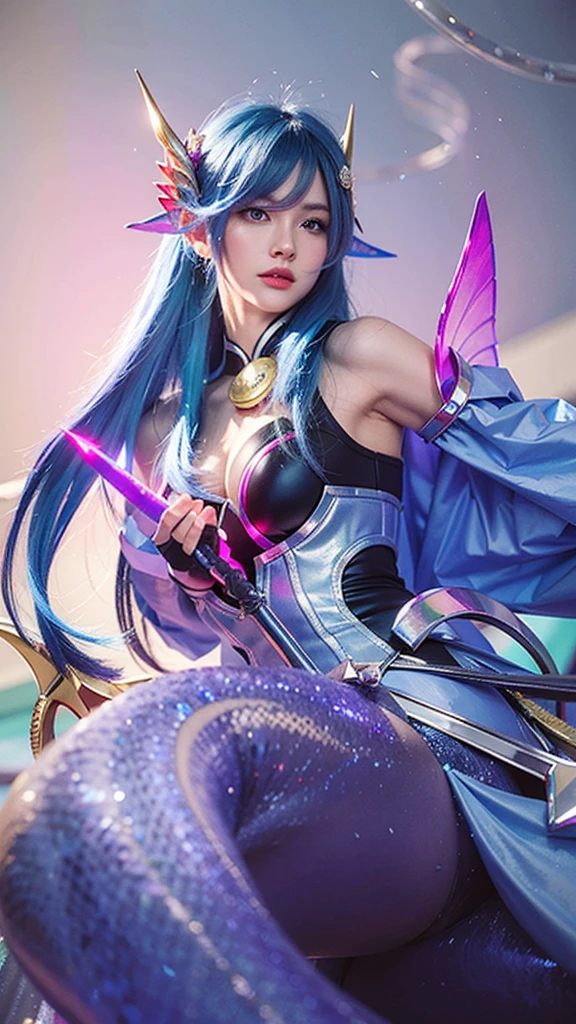 (best quality,ultra-detailed,realistic:1.37),vibrant colors,HDR,studio lighting,sharp focus,close-up,blue-haired woman,weapon,sword,Instagram model,Artgerm,Seraphine,Ahri,KDA,attention to detail,mermaid princess, ((nsfw))